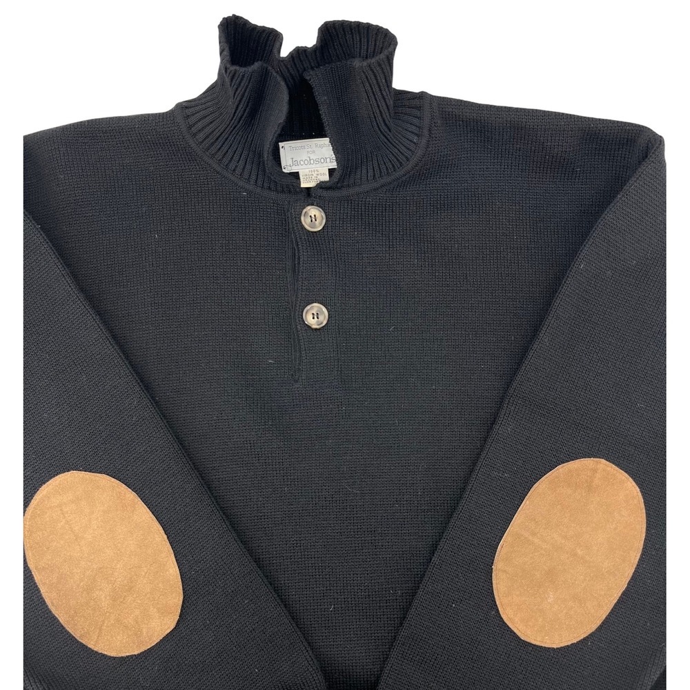 Jacobsons Tricots St Raphael Black Virgin Wool Elbow Patch Sweater‎ Mens L